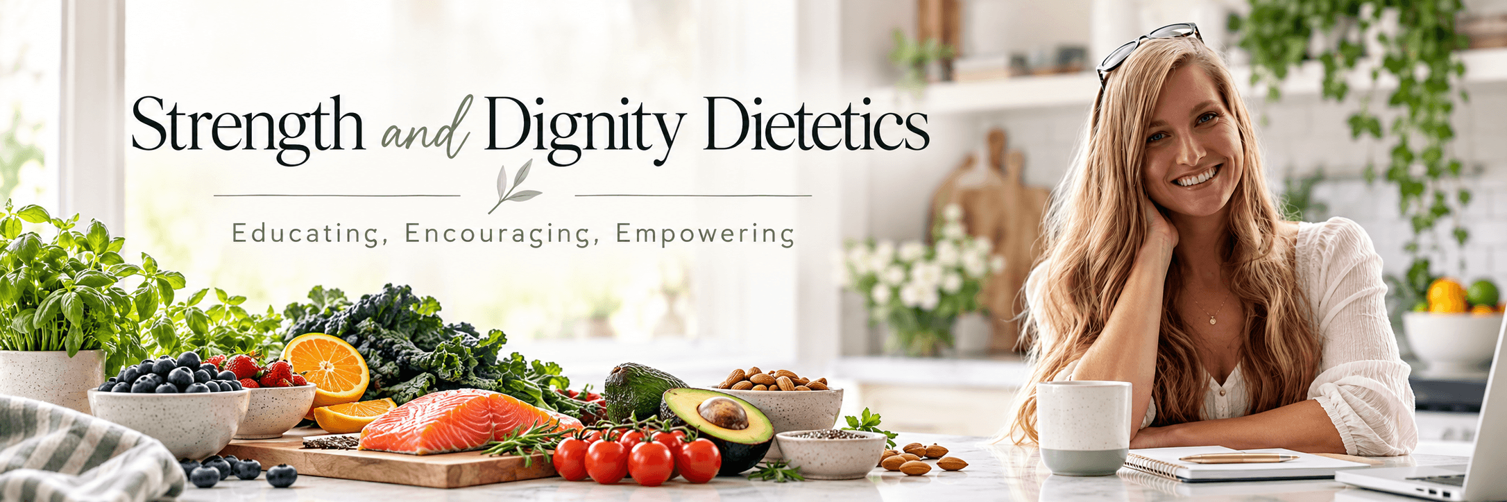 SDDfbbanner Strength and Dignity Dietetics banner featuring a registered dietitian with fresh whole foods including salmon, berries, avocado, leafy greens, citrus, and tomatoes.